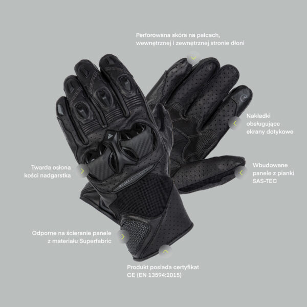 Rękawice skórzane REBELHORN FLUX II BLACK/GREY/FLO RED - obrazek 3
